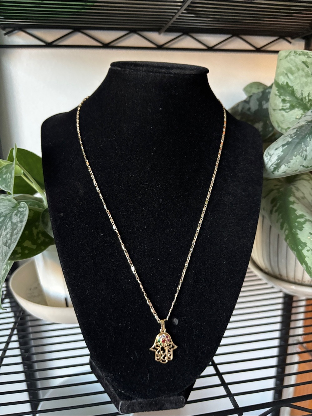 Gold Hamsa Hand Pendant Necklace with Multi-Colored Stones - Women Jewelry